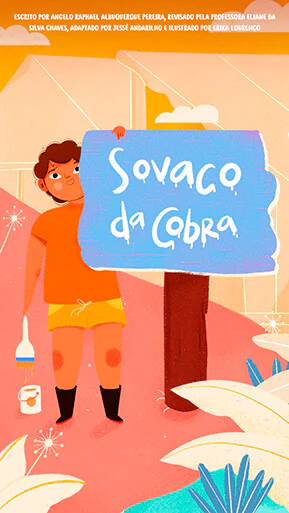 ilustração de uma criança com pincel ao lado de uma placa recém pintada com os grafismos do título