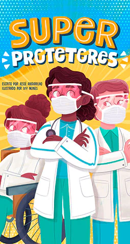 ilustração de 3 médicos de braços cruzados, de mascaras e protetores de face